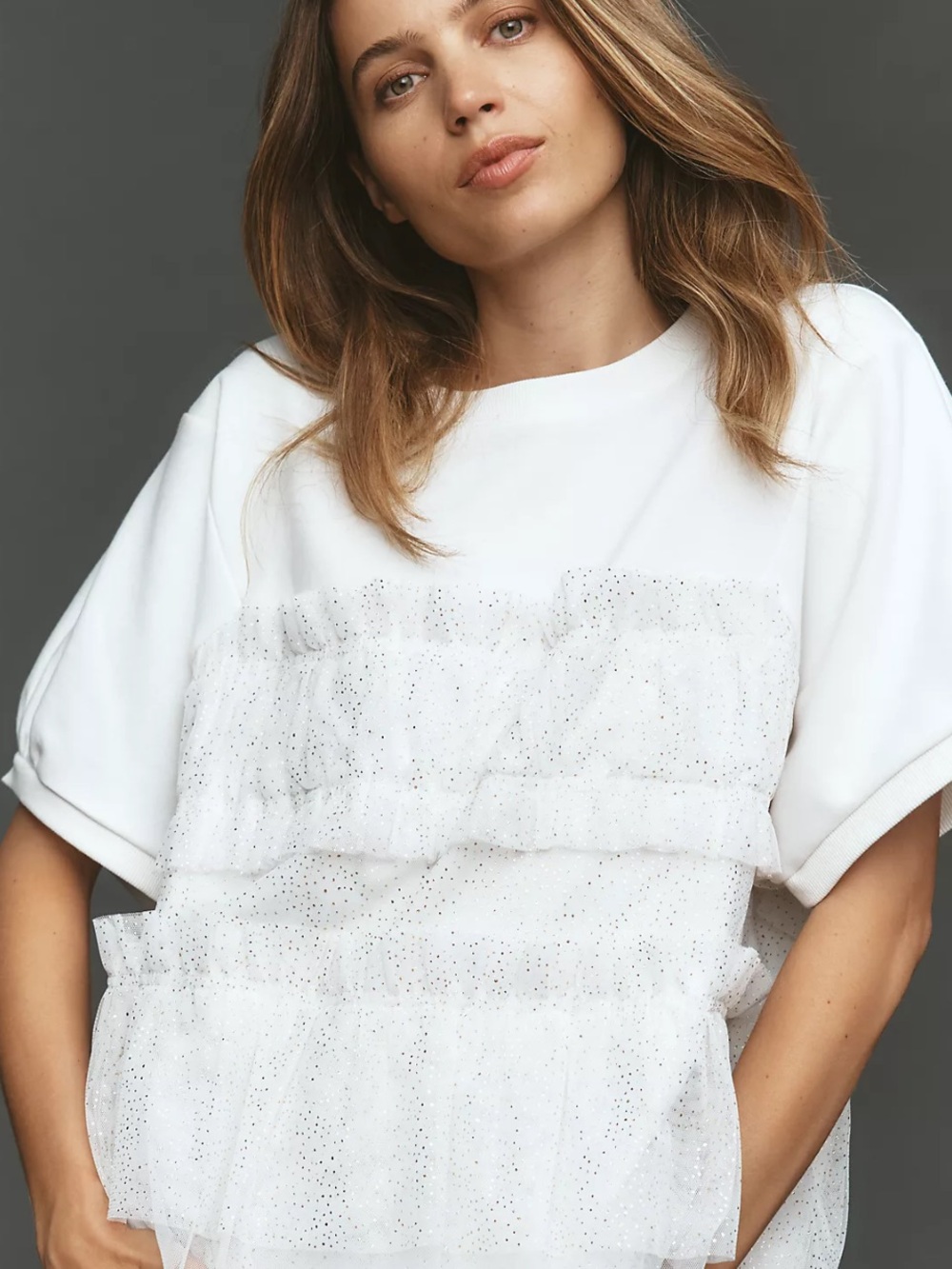 Maeve Short-Sleeve Smocked Ruffled Sweatshirt